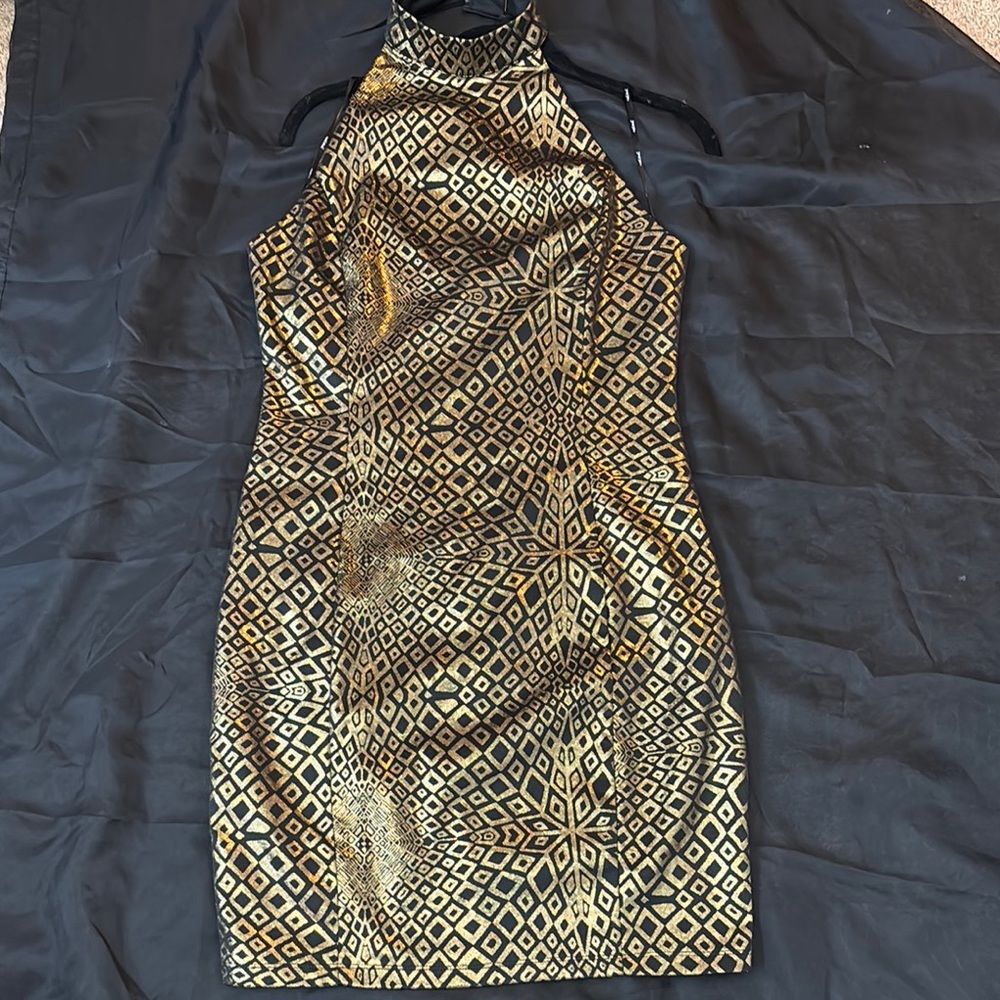Nikibiki Gold Black Sleeveless Halter Mini Dress